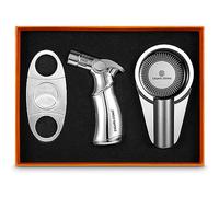 CIGARLOONG Set tagliasigari e accendino a doppia lama, semplice ghigliottina per sigari e 4 fiamme a getto, ricaricabile, con posacenere in lega di zinco