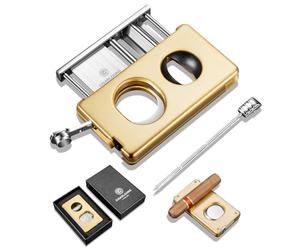 CIGARLOONG Tagliasigari 5 in 1, a ghigliottina, taglio dritto, taglierina a V, perforatrice per sigari e potenziatore di disegno, in acciaio inox, doppia lama, idea regalo per uomo (giallo)