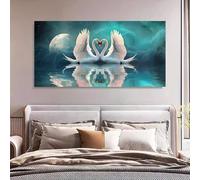 Cigni bianchi innamorati su tela - Decorazione murale con cielo notturno stellato e riflesso della luna, poster con stampa di animali romantici per decorare i cigni (50x100 cm/senza cornice)