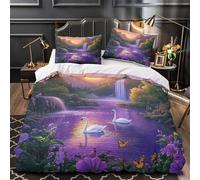 Cigni nella valle copripiumino Biancheria da letto Set di 3 Pezzi stampa 3D con federa per cuscini con cerniera Scena di paesaggio fantasy Set Di Copripiumino for adulti e ragazze Single（140x200cm）