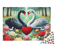 Cigni neri e bianchi lago a forma di cuore Puzzle 1000 Pezzi Puzzle per Adulti Scena da giardino romantica Relax Famiglia Decorazione Regalo 70x50cm/1000pcs