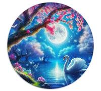 Cigno Bianco Lago Puzzle 1000 Pezzi Rotondo Cartone per Adulti Notte Fantastica Fiori