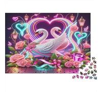 Cigno - Carta - Due cigni nella cornice di cuore al neon con rose rosa - Puzzle per ragazzi 12+ - Regalo di Natale divertente - 38x26cm/1000 pezzi