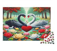 Cigno - Carta premium - Due cigni bianchi che formano un cuore nel campo di fiori - Puzzle fai-da-te - Decorativo antistress - 38x26cm/1000 pezzi