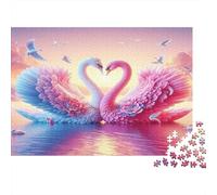 Cigno - Carta premium - Due cigni rosa che formano un cuore sul lago - Puzzle fai-da-te - Decorativo antistress - 38x26cm/1000 pezzi