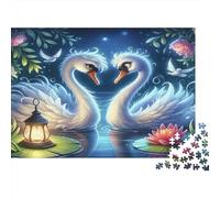 Cigno - Carta resistente - Due cigni bianchi sul lago con lanterna e loto - Puzzle - Stimolante per la mente - Antistress - 70x50cm/1000 pezzi