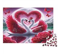 Cigno - Carta resistente - Due cigni con ali rosse e cuore sul lago con rose - Puzzle - Antistress - Arredamento casa - 70x50cm/1000 pezzi