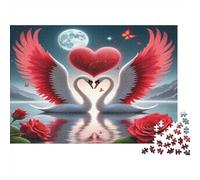 Cigno - Carta riciclata - Due cigni con ali rosse e cuore sul lago con rose - Puzzle - Regalo decorativo per bambini - 52x38cm/1000 pezzi