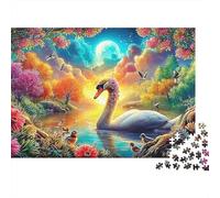 Cigno Lunare Puzzle 1000 Pezzi Serata Gioco Adulti Cigno Floreale nella Foresta Illuminata Premium Spesse Resistenti Vivaci Stimolanti Difficile Antistress 52x38cm/1000pz