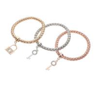 Ciieeo Braccialetti Elastici Regolabili Ciondoli a Strati Catena Popcorn Multistrato Cristalli Set da 3 Pezzi Portachiavi a Lucchetto per Donna Accessori Moda Versatili