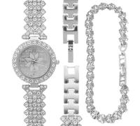 Ciieeo Orologio al Quarzo da Donna con Bracciale, Set Orologio e Bracciale, in Metallo e Pietre Decorative, Argento, Stile Moda, per San Valentino e Uso Quotidiano, Regalo per Fidanzata