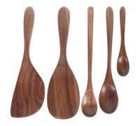 Ciieeo Set 5 Pezzi Cucchiai in Legno di Noce Nero, Robusti e Sicuri per Pentole Antiaderenti, Cucchiaio per Riso e Minestra per Cucina Quotidiana