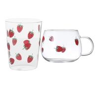 Ciieeo Tazza da Tè in Vetro Resistente al Caldo e Freddo Motivo Fragola, Set 2 Pezzi per Bevande, Tazze da Caffè alla Moda per Casa e Ristoranti