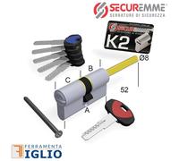 Cilindro Europeo di Sicurezza SECUREMME K2 con Codolo per Pomolo 5 Chiavi +1 C.