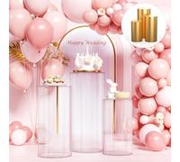 Cilindro per feste di compleanno, piedistalli cilindri in PVC con rivestimenti in tessuto dorato, supporto decorativo a colonna trasparente per compleanno, matrimonio, Natale (3 pezzi)