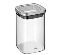 Cilio Barattolo CUBO, coperchio sigillante, contenitore per farina, zucchero e alimenti secchi, scatola ermetica, vetro borosilicato in acciaio inox, altezza: 14,5 cm, capacità: 1 l