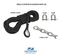 CIMA PER ANCORA Ømm 10 x 30mt CON CATENA E GRILLO INOX 316 NERA CORDA TRECCIA