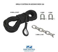 CIMA PER ANCORA Ømm 8 x 30 mt IMPIOMBATA CON CATENA E GRILLO INOX NERA CORDA