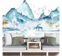 Cime Di Montagna Blu Inchiostro Uccelli Boschi Alci 3D Carta da Parati Premium Aspetto Della Seta Studio Soggiorno Camera Letto Parete Divano Muro-300cm×210cm