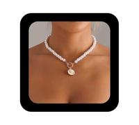 Cimenexe Collana Vintage Perle e Conchiglie Calme Oro Zinco, 40 cm Regolabile, Perla Bianca, Stella Marina, T Bar, Gioielli Donne