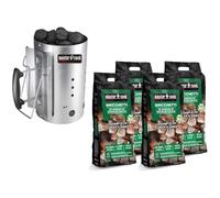 Ciminiera Accenditore Barbecue con Impugnatura di Sicurezza in Alluminio + Bricchette 16 kg in Guscio di Noce di Cocco Naturali, Accendi Carbonella Barbecue Capienza Oltre 1,5 kg