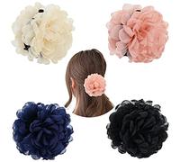 Cinaci Confezione da 4 grandi fermagli per capelli in tulle, con volant, a forma di rosa, in tessuto di seta, per donne e ragazze