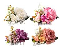 Cinaci Confezione da 4 pettini laterali per capelli in metallo con fiori di rosa artificiale, fermagli per capelli da sposa, fermagli per capelli, chignon, ragazze, spose e damigelle d'onore