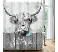 Cinbloo Divertente tenda da doccia grigia con mucca delle Highlands 162 x 182 cm (altezza x larghezza), stile vintage, stile western, Longhorn toro, animali rustici, set tenda da bagno in legno