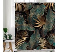 Cinbloo Tenda da doccia con foglie di palma verde smeraldo, 72 x 72 cm, motivo astratto con foglie tropicali dorate, set di tende da bagno moderne con pianta botanica marrone Monstera, decorazione per