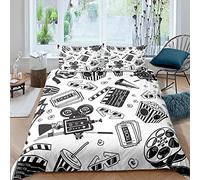 Cinema Elements Set biancheria da letto per e cinema e teatro con copripiumino nero e bianco vecchio stile vintage per cinema, biglietto fresco popcorn biancheria da letto e letto singolo, 2 pezzi