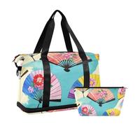 Cinese Pittura a Inchiostro Fiore Fan Colorato Palestra Tote Bag Carry On Weekend Borsa con Borsa da toilette per Viaggi 2 Pz Set, Cinese Pittura Inchiostro Fiore Fan Colorato, Taglia unica, Cinese