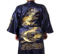 Cinese Uomo Raso di Seta Accappatoio Ricamo Kimono Abito da Bagno Dragon Size Uomo Accappatoio Spa Accappatoio Kimono, Dark Blue, XXL