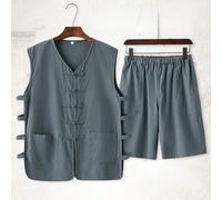 Cinese Uomo Ttang Abito Gilet E Set Pantaloncini Rana Bottoni Elastico Vita