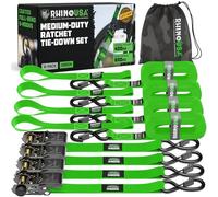Cinghie a Cricchetto Rhino USA (4-Pack) - 2.5 cm x 4.6 m (800 kg di Resistenza alla Rottura) - Ganci a S di Sicurezza - Cinghie Premium per Camion, Carichi, Traslochi, Elettrodomestici - Verde