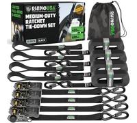 Cinghie a Cricchetto Rhino USA (4-Pack) - 2.5 cm x 4.6 m (800 kg di Resistenza alla Rottura) - Ganci a S di Sicurezza - Cinghie Premium per Camion, Carichi, Traslochi, Elettrodomestici - Nero