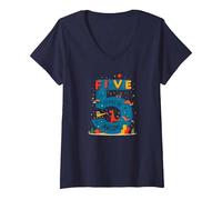 Cinque Anni di Fantastico: Celebrazione del Compleanno di Dino Adventure Maglietta con Collo a V, Donna, Navy, XXL