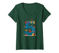 Cinque Anni di Fantastico: Celebrazione del Compleanno di Dino Adventure Maglietta con Collo a V, Donna, Verde Foresta, XXL