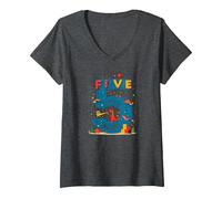 Cinque Anni di Fantastico: Celebrazione del Compleanno di Dino Adventure Maglietta con Collo a V, Donna, Grigio Scuro, XL