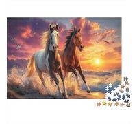 Cinque Cavalli Carta spessa Due cavalli che corrono sulla spiaggia al tramonto Confezione puzzle per anziani regalo di Natale segreto per allenamento cerebrale 38x26cm/1000 pezzi