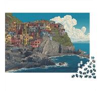 Cinque Terre, Italia, Stile Line Art Puzzle Sostenibili Con Motivi Per Adulti Da Gioco in Legno Di Alta Qualità 1000pcs (75x50cm)