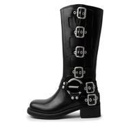 Cintura con Fibbia Stivali Cavaliere Tacco Spesso Testa Quadrata Stivali Cowboy Occidentale retrò Donna Autunno e Inverno Stivali Alti in Pelle Morbida Stivali Biker Casual
