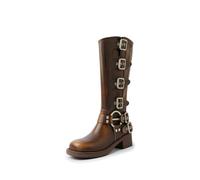 Cintura con Fibbia Stivali Cavaliere Tacco Spesso Testa Quadrata Stivali Cowboy Occidentale retrò Donna Autunno e Inverno Stivali Alti in Pelle Morbida Stivali Biker Casual