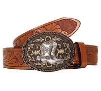 Cintura da uomo e donna Rodeo Western Cowboy, fibbia in metallo, stile Western Jean, con motivo floreale in rilievo, larghezza 3,8 cm, unisex per adulti, Marrone-boot-style1, 100cm/For Waist 69cm-83cm