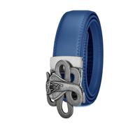 Cintura da uomo in pelle con cuciture a cricchetto, fibbia automatica con motivo Boa Hollow in argento inciso, cinturino casual e formale(Blue,130cm/51)