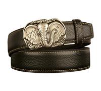 Cintura Da Uomo In Pelle Nera Con Cuciture A Cricchetto, Fibbia Automatica Lupo Inciso, Larghezza Regolabile 1 3/8" (35 Mm), 120 Cm/41"(Elephant,125cm/waist:43")