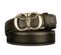 Cintura Da Uomo In Pelle Nera Con Cuciture A Cricchetto, Fibbia Automatica Lupo Inciso, Larghezza Regolabile 1 3/8" (35 Mm), 120 Cm/41"(Bull,130cm/waist:45")