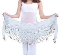 Cintura di Danza del Ventre Gonna di Danza del Ventre Indiana Sciarpe in Vita Avvolgere Cintura, Danza del Ventre Sciarpa di Chiffon, Ballerina Costume Avvolgere Gonna Cintura con 128 Monete (bianco)
