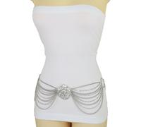 Cintura Donna Argento Colore Metallo a Catenina Lato Anelli Waves Leone Pendente