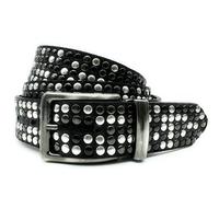 Cintura H 35 mm TAGLIA UNICA la accorci tu, VERA PELLE colore nero con Borchie miste - Fibbia a cricchetto - ACCORCIABILE - Made in Italy (Borchie Argento, Canna fucile chiaro e canna fucile scuro)