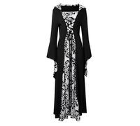 Cintura medievale gambeson da donna, abito medievale, con stampa, arte retrò, maniche lunghe, vita popee, costume da cosplay (nero, XL)